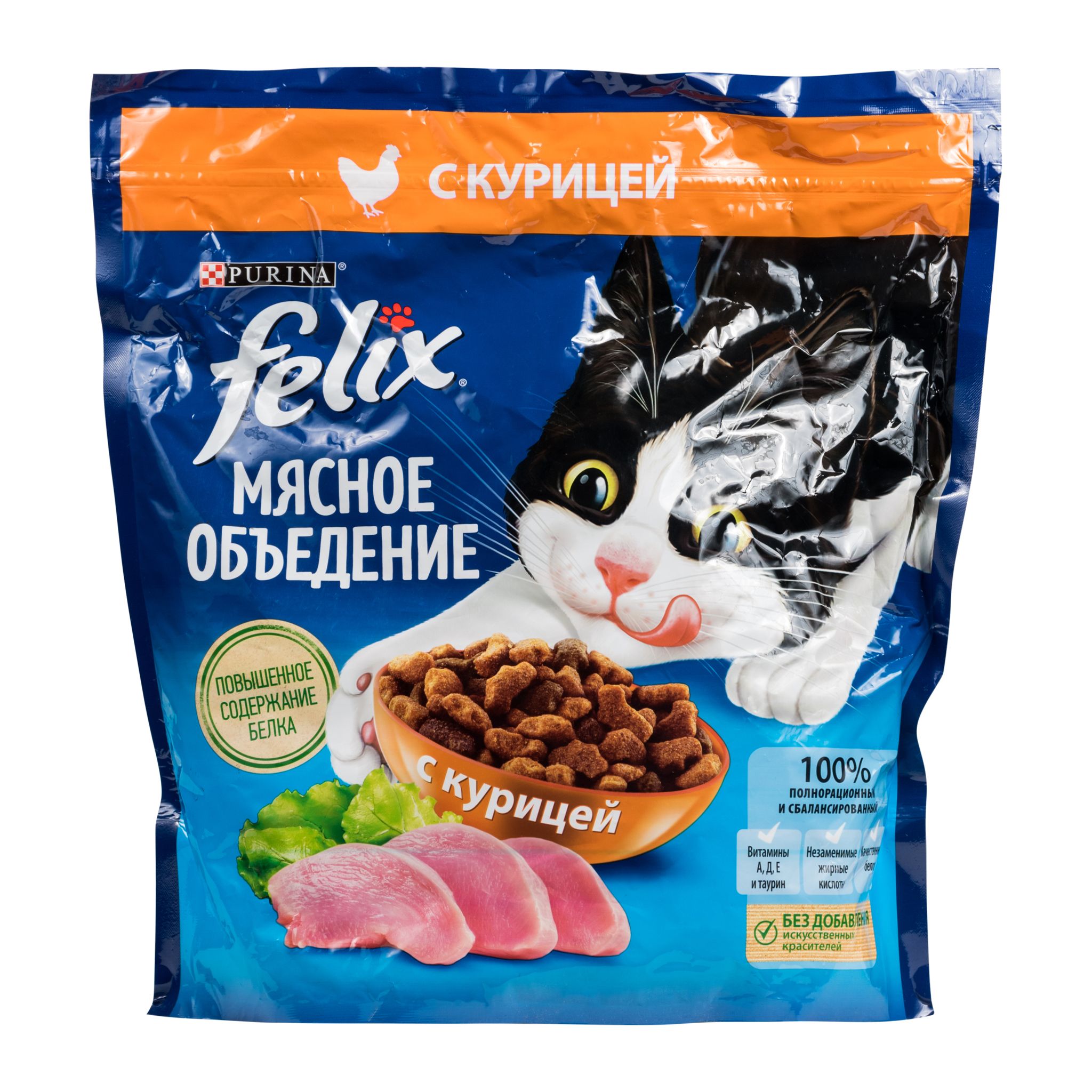 Felix «Мясное объедение», корм сухой полнорационный для взрослых кошек, с  курицей | Товары от Роскачества