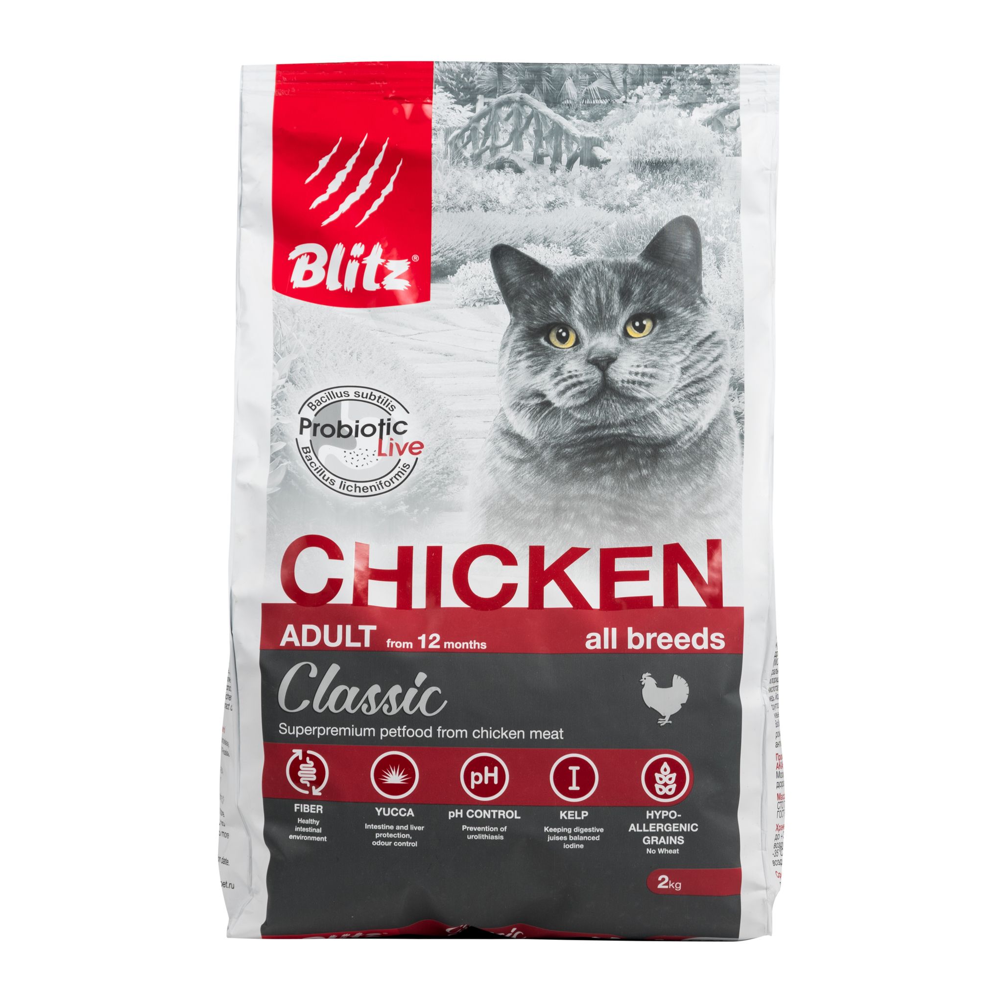 Полнорационный сухой корм с курицей для взрослых кошек всех пород с 12  месяцев, Blitz | Товары от Роскачества